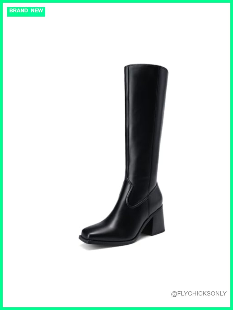 Women's Knee High Boots Chunky Heel Square Toe Tall Boot Side Zipper
